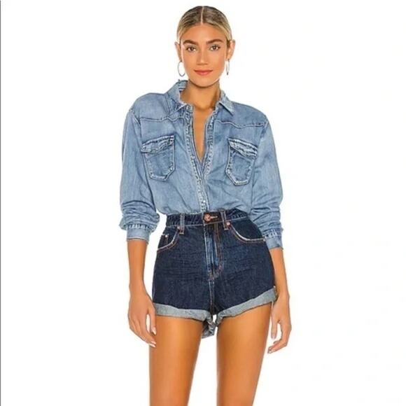 One Teaspoon Shorts Womens 24 NWT Dakota Bandits High Waist Denim Dark Wash Cuff - Picture 1 of 13